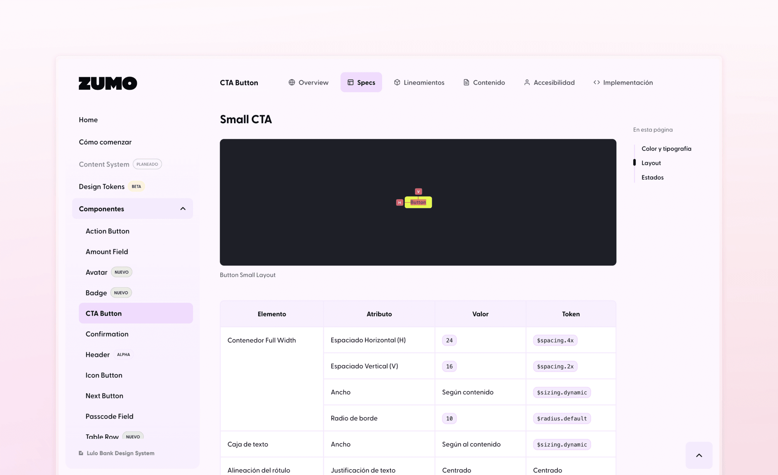 Specs for components included the corresponding tokens for their property values
